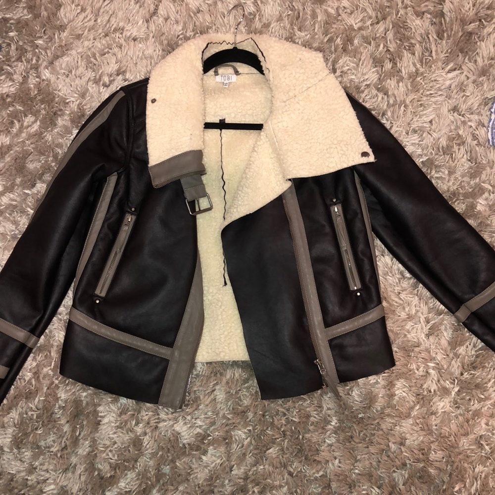 Black and taupe leather sherpa jacket